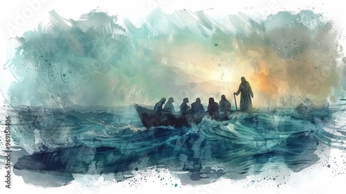 Jesus calmly walking on the water as the disciples watch from the boat. Watercolor style