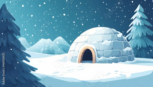 A cozy igloo surrounded by snow-covered trees, set against a starry night backdrop. Perfect for winter-themed projects.