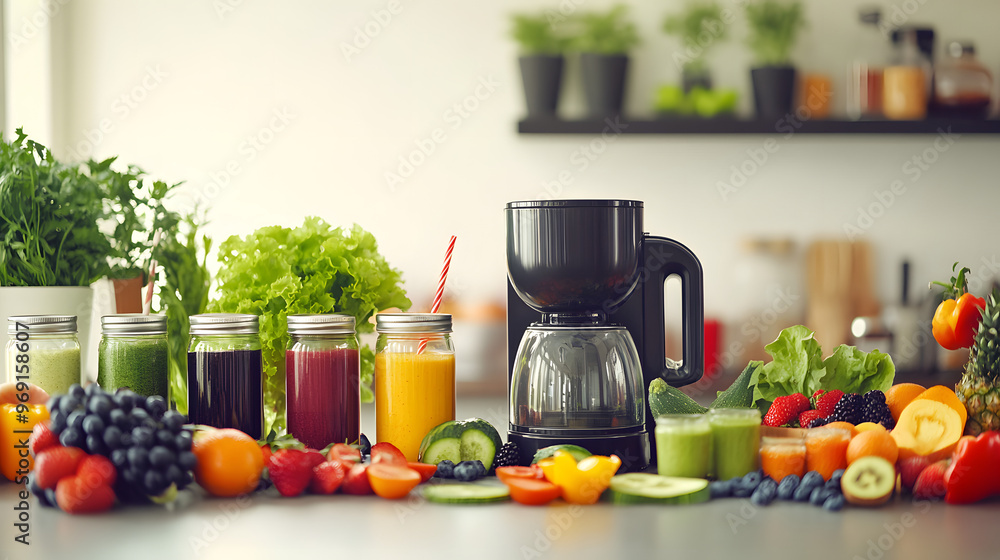 Vibrant Image of a Smoothie Bar with Fresh Ingredients and Smoothie Jars Vibrant Image of a Smoothie Bar with Fresh Ingredients and Smoothie Jars