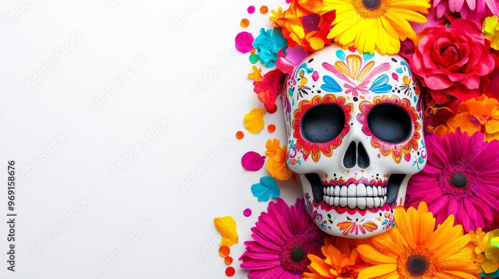 Colorful sugar skull on white background with bright flowers. Perfect for Day of the Dead celebrations and festive decorations. Colorful sugar skull on white background with bright flowers. Perfect for Day of the Dead celebrations and festive decorations.