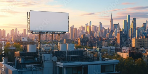 Blank billboard overlooking city skyline at sunset. © Murda