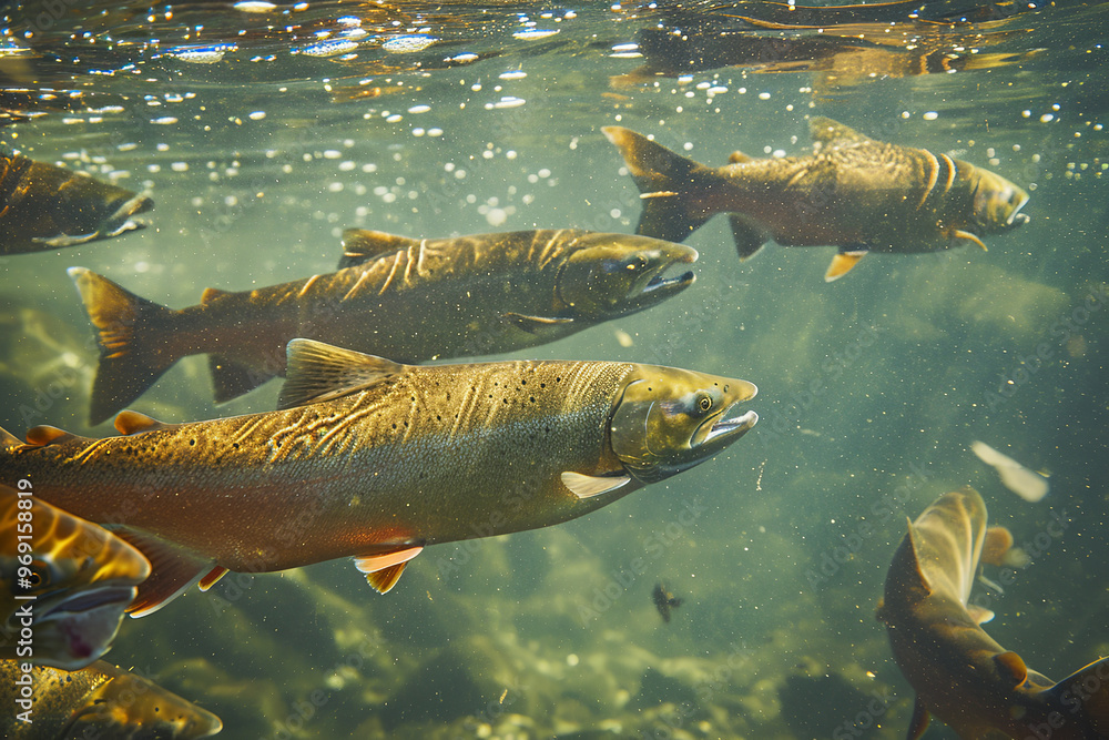 Salmon in these rivers is a very significant part of the worldwide stock of Atlantic salmon. Underwater view of coho salmon (oncorhynchus kisutch) swimming in river.