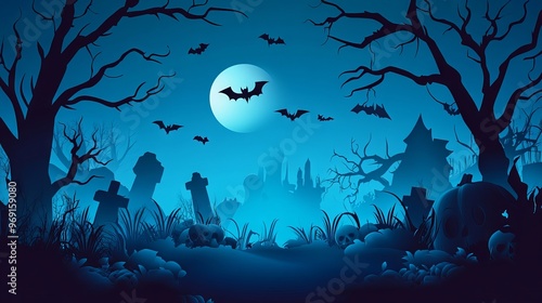 Spooky halloween night scene in blue vector design with haunted elements – eerie moonlight, ghostly figures, and barren trees for festive digital art and event backdrops