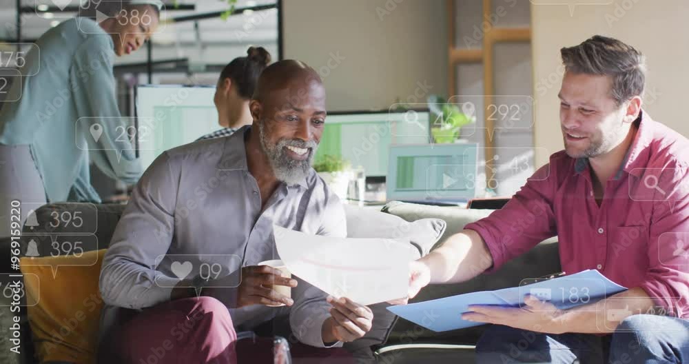 Animation of social media data processing over diverse business people in office