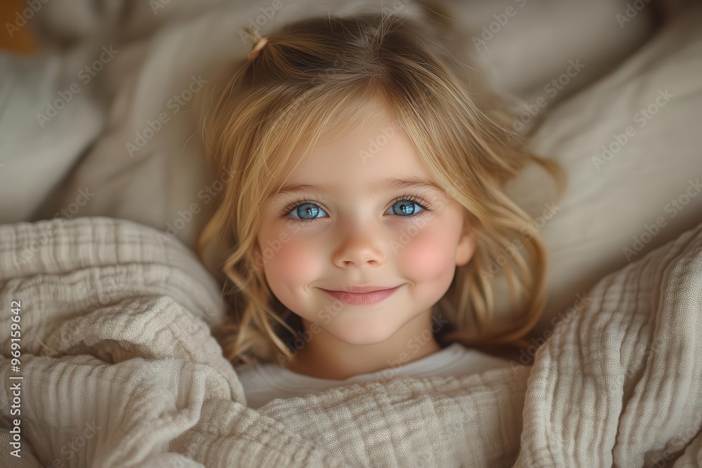 cherubic little girl with radiant smile nestled in cozy bedding warm ambient lighting soft focus capturing innocence and contentment cherubic little girl with radiant smile nestled in cozy bedding warm ambient lighting soft focus capturing innocence and contentment