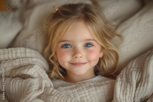 cherubic little girl with radiant smile nestled in cozy bedding warm ambient lighting soft focus capturing innocence and contentment