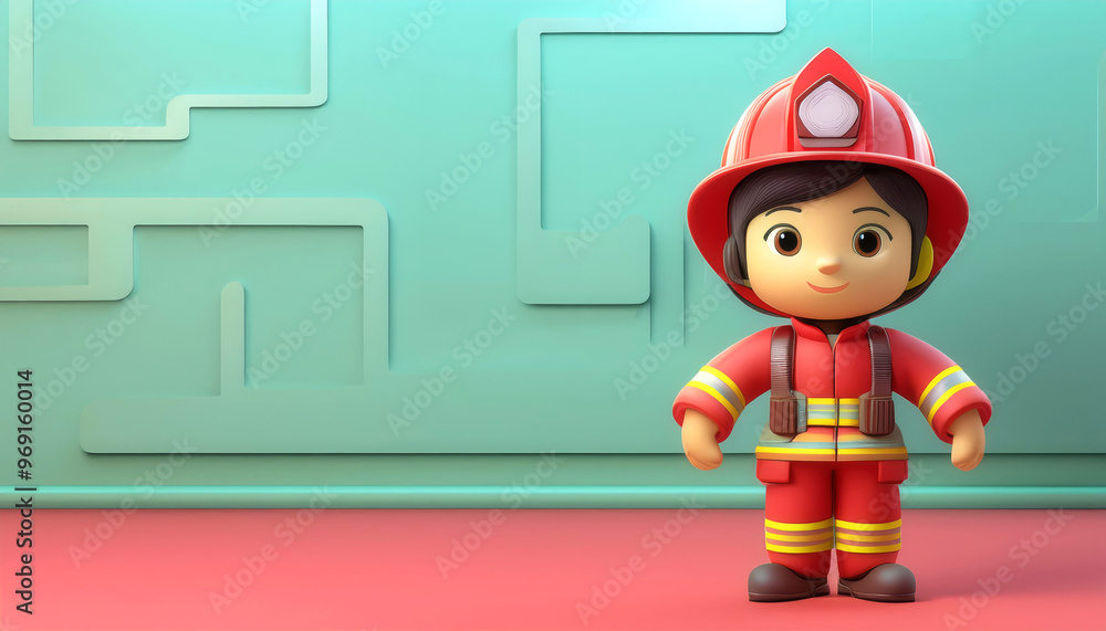 A cheerful cartoon firefighter character in a bright red uniform, standing against a minimalistic background. A cheerful cartoon firefighter character in a bright red uniform, standing against a minimalistic background.