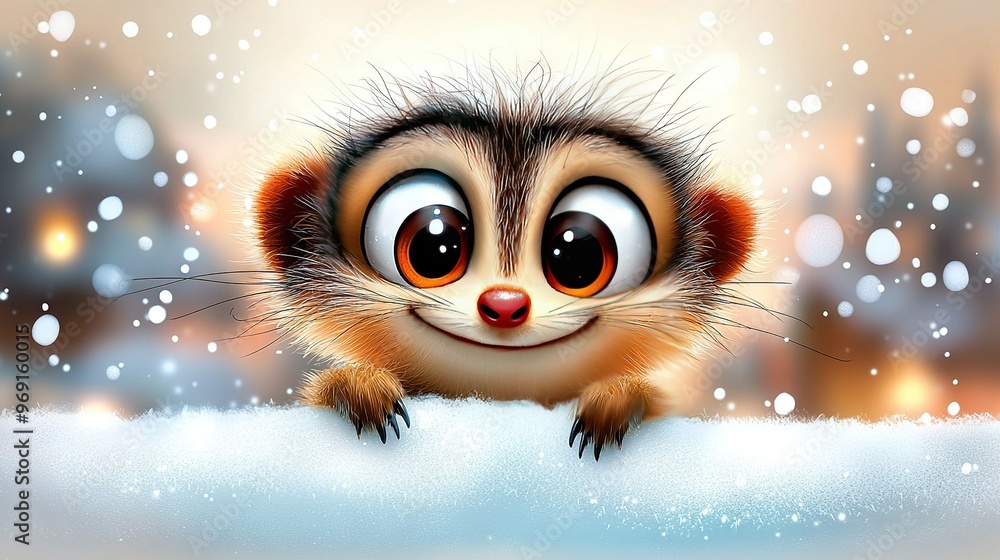 Close-up of a small animal with big eyes on a snowy surface against a city backdrop Close-up of a small animal with big eyes on a snowy surface against a city backdrop