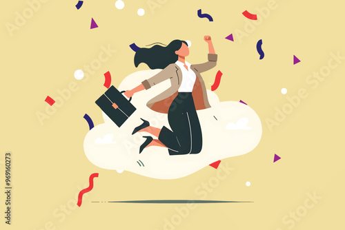 A career woman jumps happily celebrating her success in a new office project and is awarded for her success