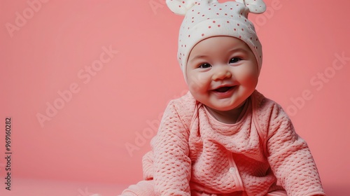 Cute little baby girl in pink pajamas and hat on pink background