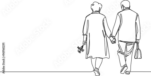 continuous single line drawing of senior couple walking hand in hand, line art vector illustration