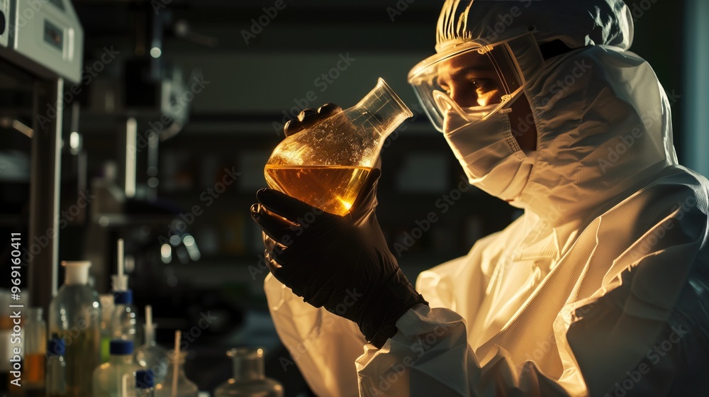 Scientist in white hazmat suit working with reagents in chemical laboratory Scientist in white hazmat suit working with reagents in chemical laboratory