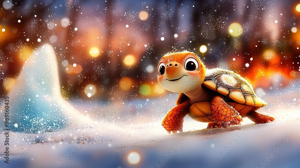 A close-up turtle, snowy ground, blurry trees, lights A close-up turtle, snowy ground, blurry trees, lights