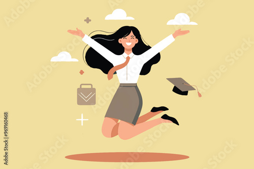 Illustration of a career woman jumping happily celebrating graduation and postgraduate success and being awarded for her success