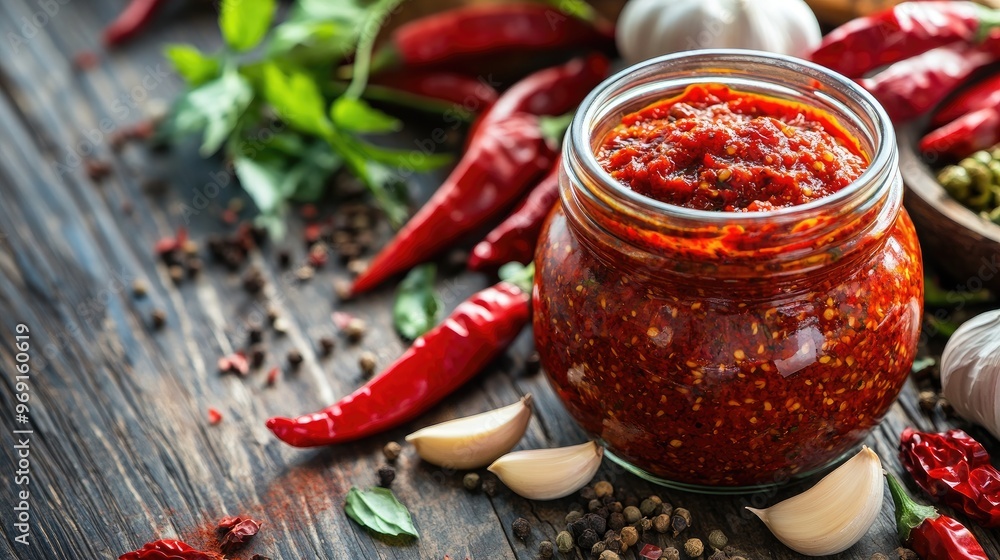 A jar of homemade chili paste with vibrant red color, surrounded by fresh chilies, garlic, and other spices on a rustic wooden table. A jar of homemade chili paste with vibrant red color, surrounded by fresh chilies, garlic, and other spices on a rustic wooden table.