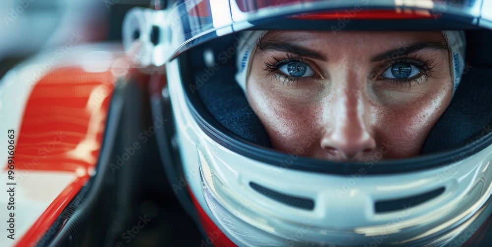 Determination and focus. Close-up of female racer in element, showing concentration. Ready to conquer the track Determination and focus. Close-up of female racer in element, showing concentration. Ready to conquer the track