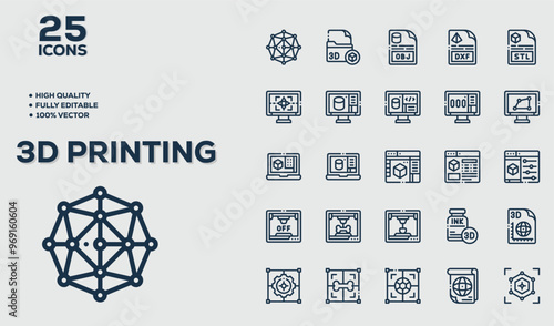 3D printing outline icon set. Print technology editable stroke line symbols. Computer aided design (CAD), digital model, rapid prototyping icon collection.