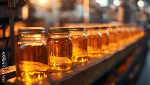 Bottles of golden liquid on a production line, showcasing a factory environment with automated processes and vibrant lighting.