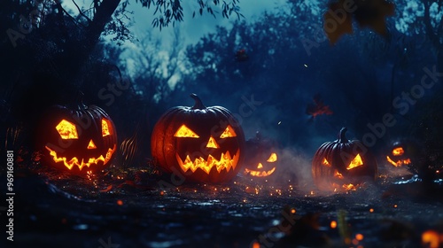 Spooky halloween pumpkins glowing under the moonlight in a dark night scene with eerie shadows and atmospheric lighting