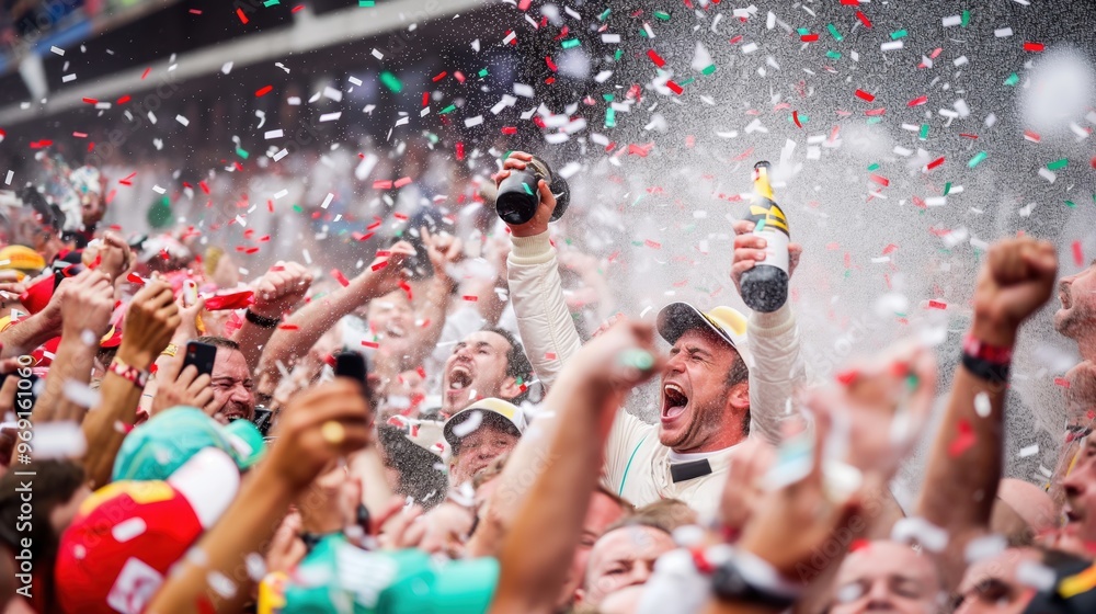 Obraz premium Victory Celebration. Male racer celebrating victory with champagne, surrounded by roaring crowd and confetti