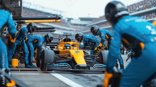 Formula 1 pit crew in blue uniforms surrounds a yellow racing car, performing a pit stop with precision and speed. photo