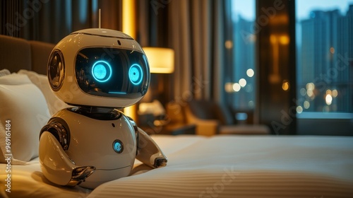 Futuristic robotic concierge services in hotels powered by AI: Robots providing hotel guests with personalized services, including room service and travel recommendations.