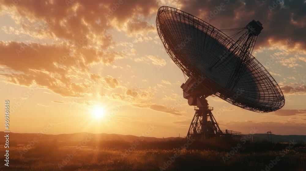 A large satellite dish pointed towards the sky, capturing radio signals, symbolizing space communication and technology. A large satellite dish pointed towards the sky, capturing radio signals, symbolizing space communication and technology.