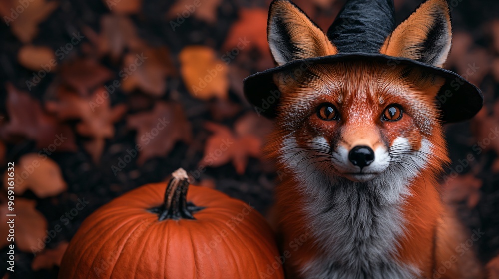 Obraz premium Fox in a witch’s hat sitting next to a glowing pumpkin in a dark forest, [witch fox], [mystical woodland creature].