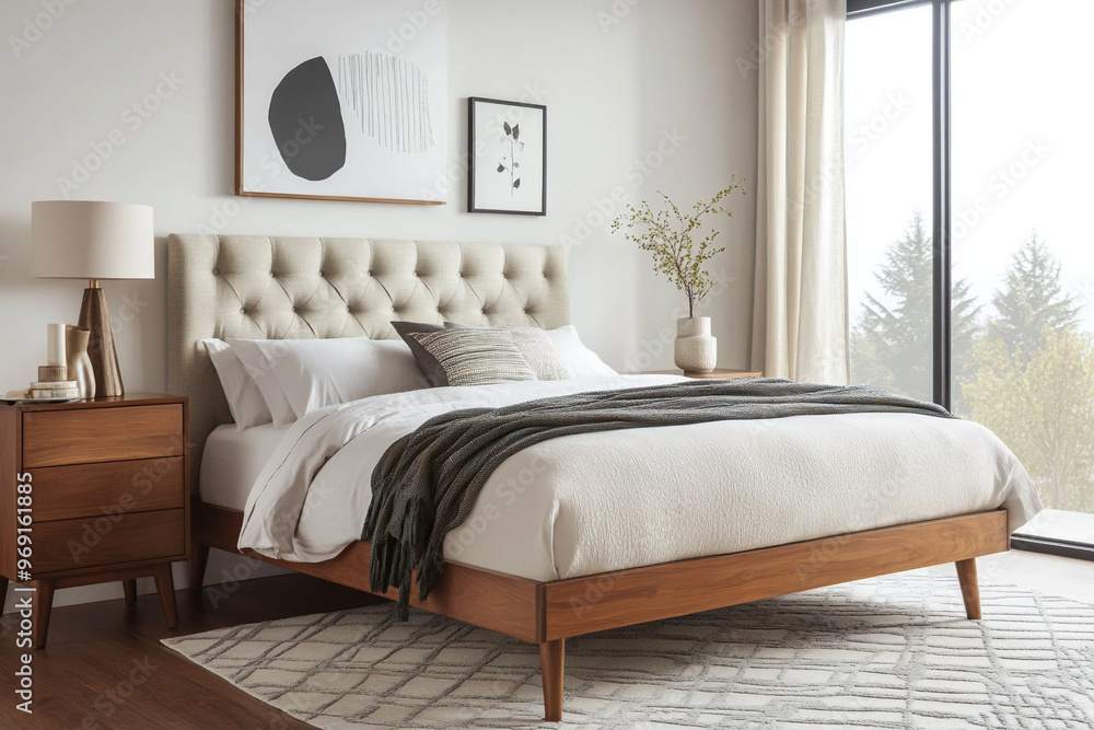 Fototapeta premium A mid century modern interior in a bedroom with a comfortable bed. Generative AI 