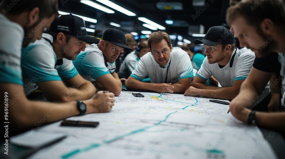 Fotobehang Formule 1 Strategic Planning. Team standing around map, deep in strategy mode, working on the race plan that will lead them to victory on the track. #969161899