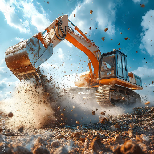 Excavator in action, digging dirt and debris on construction site under a bright blue sky. Heavy machinery work showcased vibrantly. photo