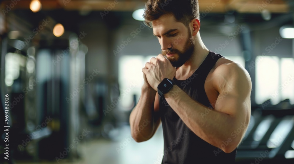 A young man with a beard is wearing a black tank top and checking his smartwatch. He is standing in a gym, with exercise equipment blurred in the background, copy space A young man with a beard is wearing a black tank top and checking his smartwatch. He is standing in a gym, with exercise equipment blurred in the background, copy space