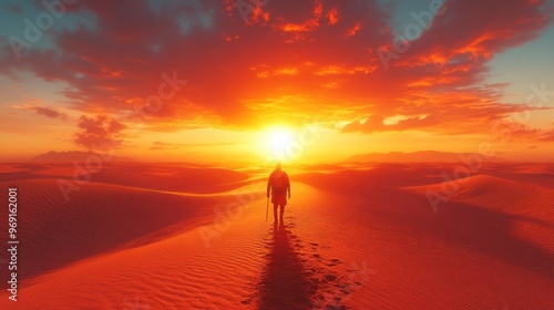 A lone figure walks towards a vibrant sunset in a desert landscape.
