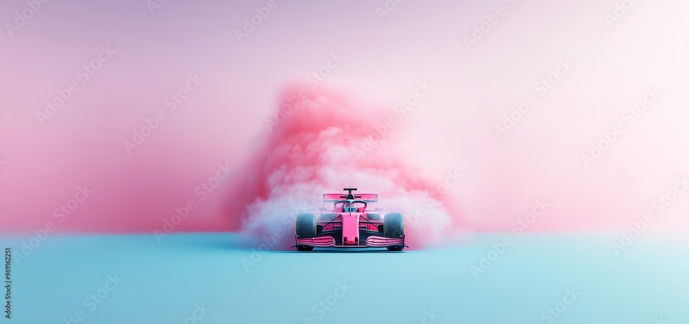 Obraz premium Sleek pink Formula 1 car leaving trail of pink smoke against pastel backdrop, creating vibrant and futuristic racing scene.