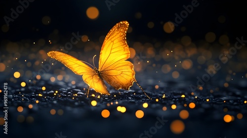 Illuminated yellow butterfly with dark background and lightsn image photo