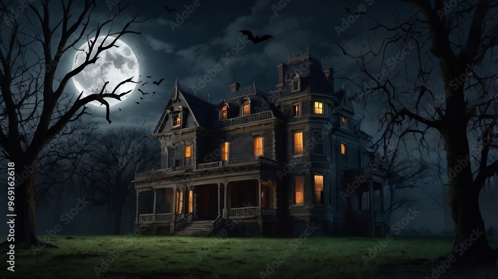 scary haunted building with bats under full moon. generative ai scary haunted building with bats under full moon. generative ai