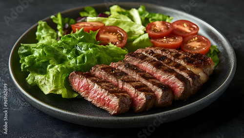 Juicy grilled steak served with fresh lettuce and sliced tomatoes on a black plate, perfect for a hearty meal.