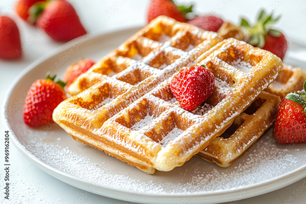 Delicious golden Viennese or Belgian waffles topped with fresh berries and strawberries on plate. Cozy lazy morning homemade recipe baking breakfast. Sweet dessert for restaurant and cafe menu Delicious golden Viennese or Belgian waffles topped with fresh berries and strawberries on plate. Cozy lazy morning homemade recipe baking breakfast. Sweet dessert for restaurant and cafe menu