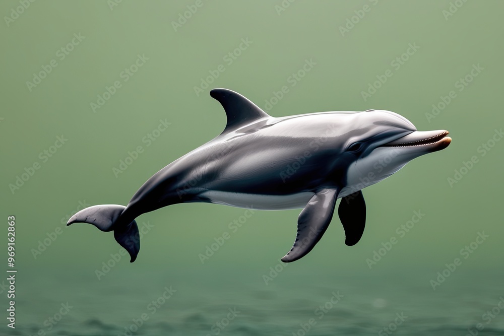 Obraz premium Joyful Dolphin Celebrating Vibrant Marine Life on Peaceful Green Background