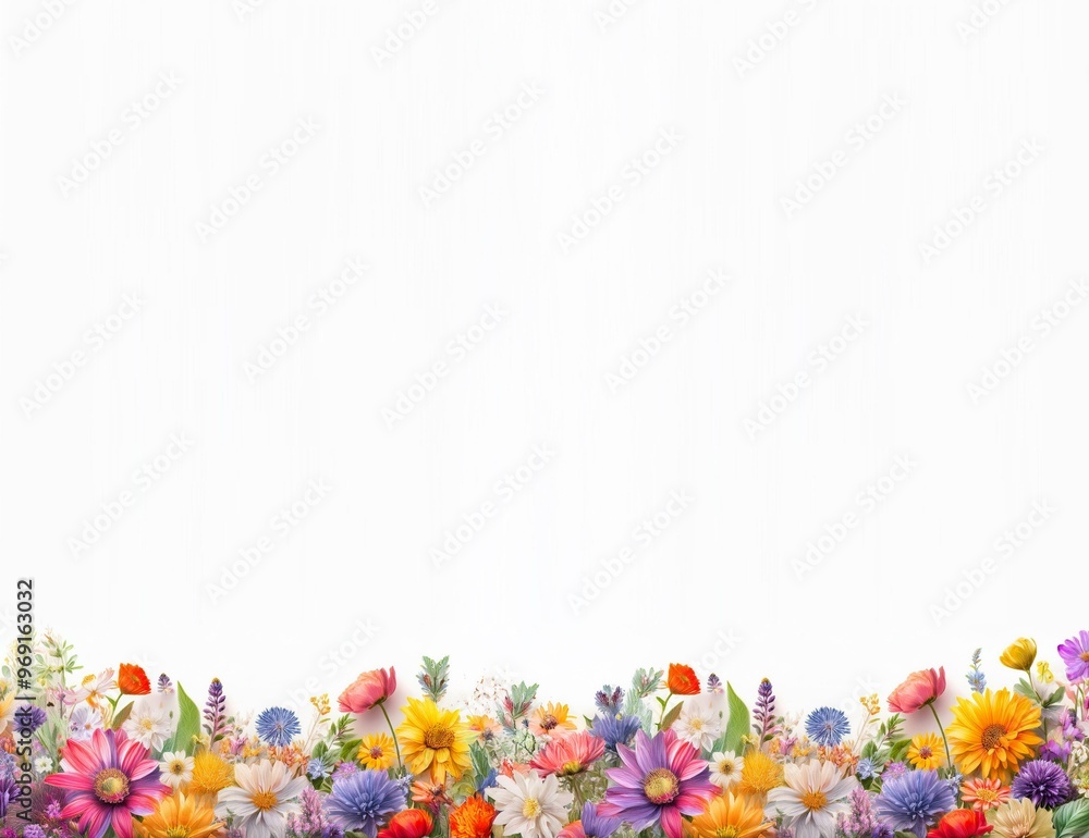 Obraz premium White background with a colorful border of various blooming flowers.