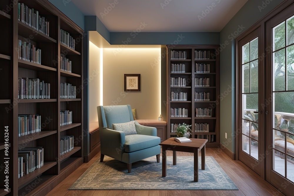 3D Visualization of a Cozy Library Corner with Wooden Table Comfortable Armchair and Soft Ambient Lighting 3D Visualization of a Cozy Library Corner with Wooden Table Comfortable Armchair and Soft Ambient Lighting