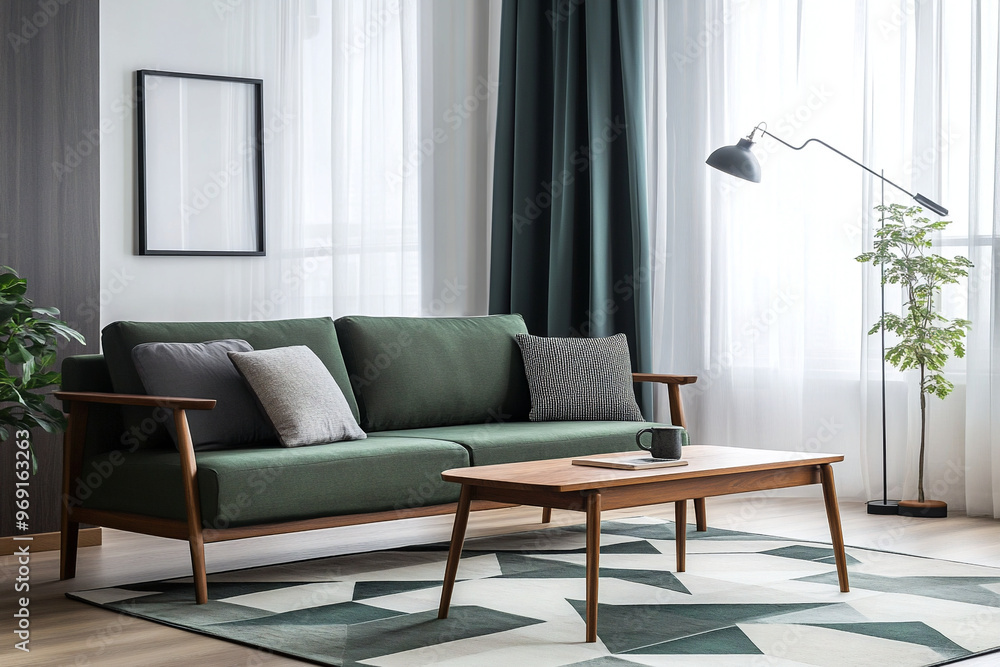 A mid-century modern interior photo of a residential living room with an art frame hanging on the wall and sofa and table. Generative AI
A mid-century modern interior photo of a residential living room with an art frame hanging on the wall and sofa and table. Generative AI