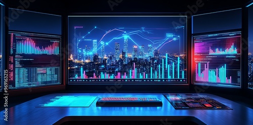 A futuristic desk with multiple monitors displaying graphs and data charts with a keyboard and mouse on the desk.