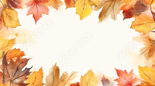 Autumn Leaves Frame on Soft Watercolor Background. Elegant Border Design. Copy Space