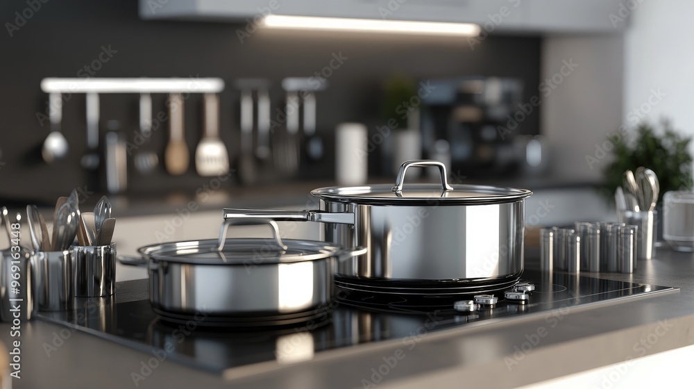 A modern kitchen scene with a set of matching pots and pans on a sleek stovetop, complemented by stylish kitchen utensils and countertops. A modern kitchen scene with a set of matching pots and pans on a sleek stovetop, complemented by stylish kitchen utensils and countertops.