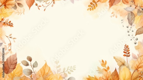 Autumn Leaves Frame on Soft Watercolor Background. Elegant Border Design. Copy Space