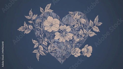   Blue background with heart, flowers, and leaves; space for 'i love you' photo