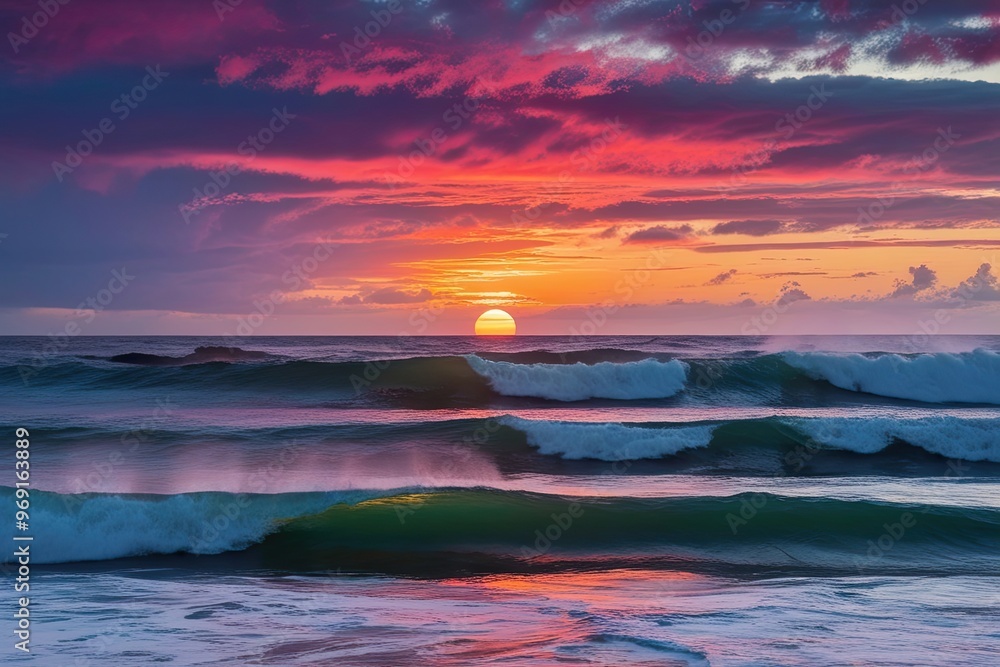 Fototapeta premium Vibrant Ocean Sunset Over Waves with Stunning Colorful Skies
