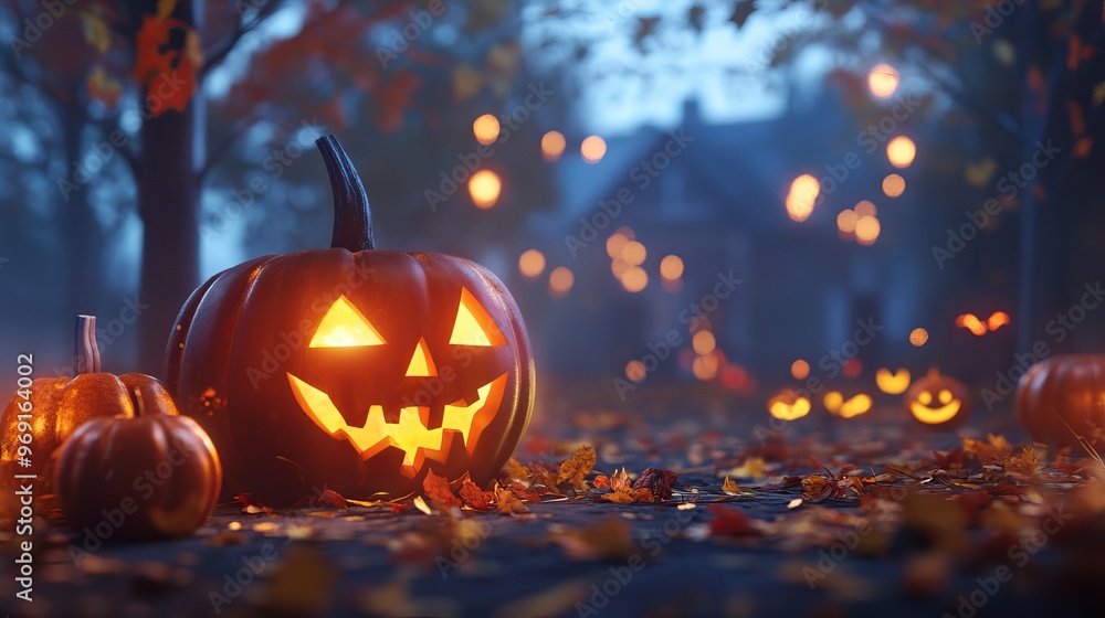 Spooky halloween night scene with glowing jack o' lanterns, haunted graveyard, full moon, and creepy atmosphere – ideal for holiday designs, party invitations, and eerie backgrounds Spooky halloween night scene with glowing jack o' lanterns, haunted graveyard, full moon, and creepy atmosphere – ideal for holiday designs, party invitations, and eerie backgrounds