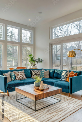 A photo of the mid-century modern interior of a blue sofa with large windows and a country house with cushions and tables. Generative AI
